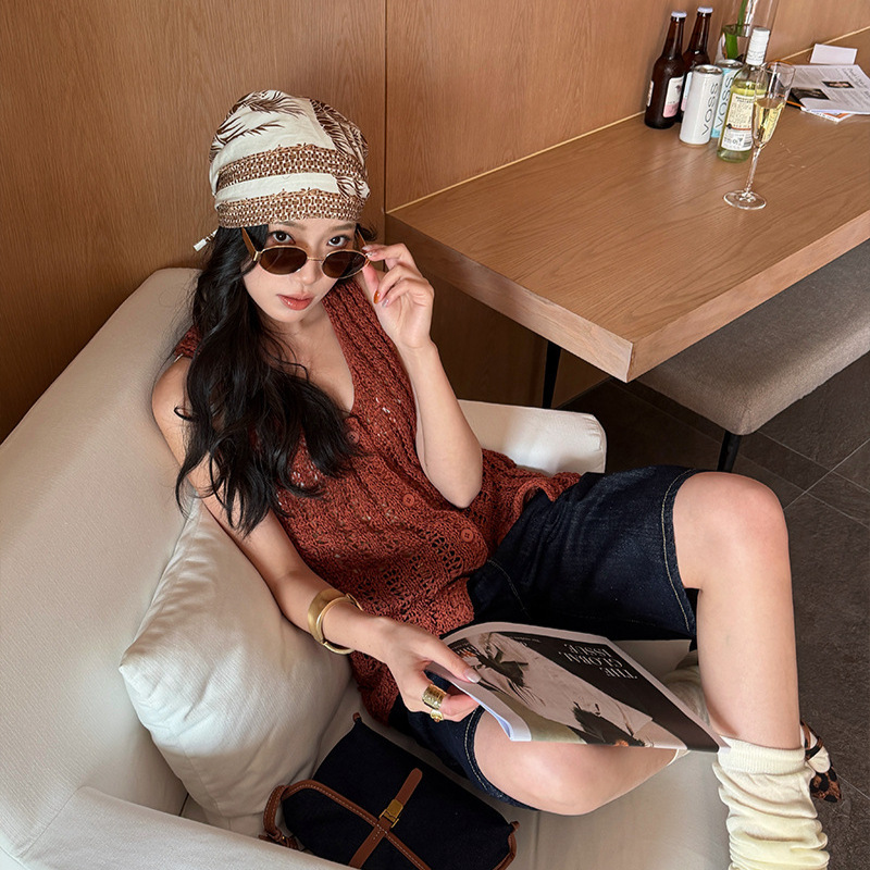 Elsissi Spring Style Straw Texture Hollow-Out Moisture-Wicking Vacation Style Slim Long Vest Knitted Cardigan for Women Elsissi Spring Style Straw Texture Hollow-Out Moisture-Wicking Vacation Style Slim Long Vest Knitted Cardigan for Women