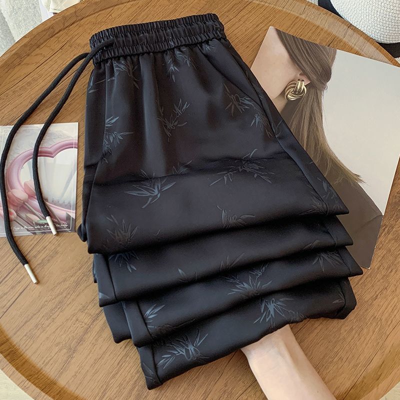 Plus-Size New Chinese-Style Satin Jacquard Wide-Leg Pants for Women, Thin High-Waisted Loose Slimming Straight Pants, Cross-Border Supply