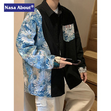 NASA国潮拼接白衬衫男长袖春秋季中性风高级感美式衬衣外套情侣装