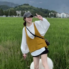 2025初秋新款韩系简约显瘦衬衫+毛衣背心两件套时尚宽松套装上衣