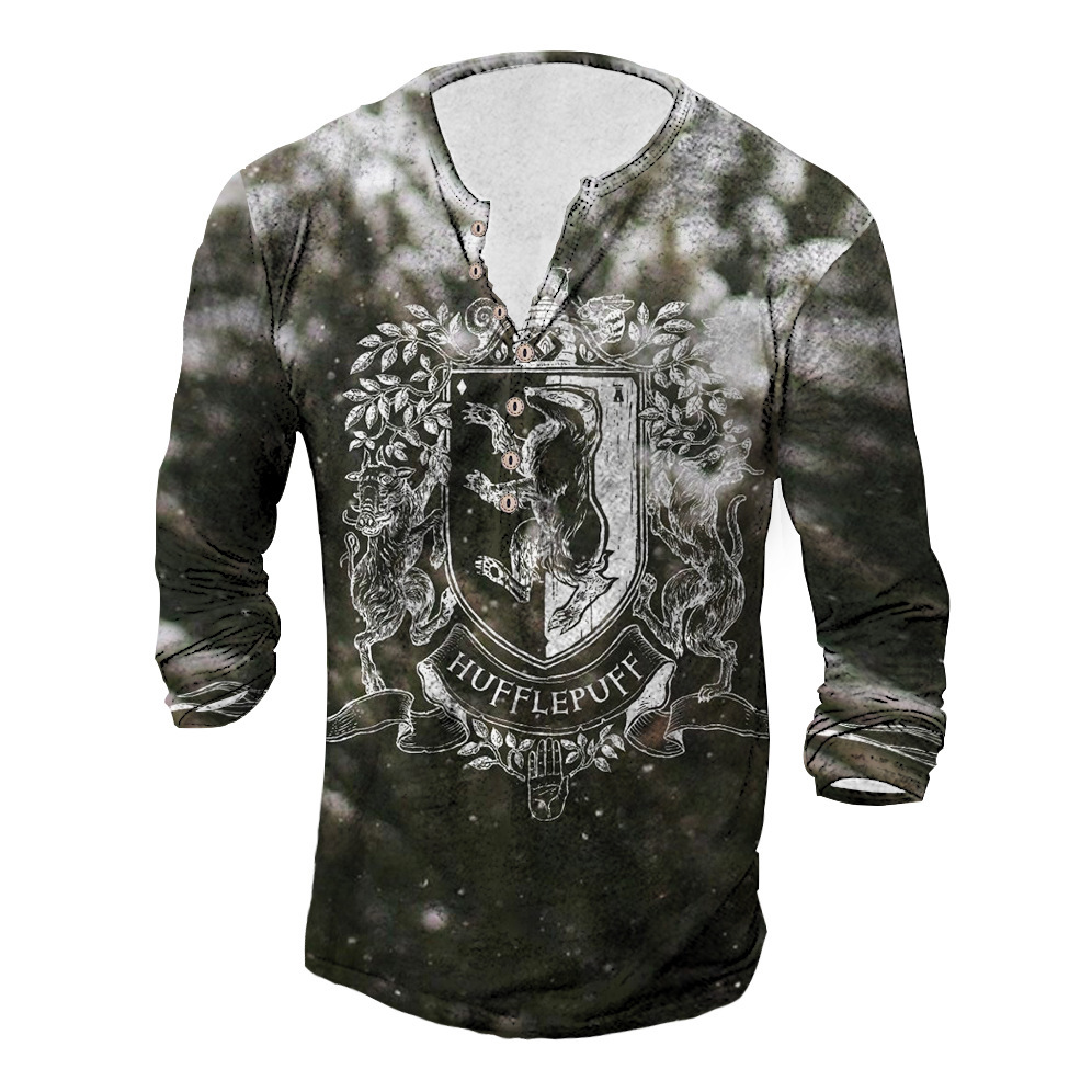 美式复古长袖T恤男士2023年新款跨境欧美时尚亨利领 长袖 男