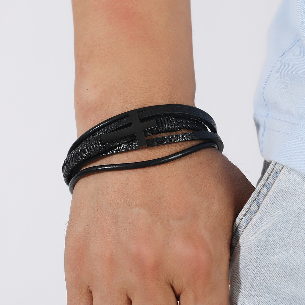 Multi Layer Leather Woven Bracelet Magnetic Buckle For Men_voghion.com