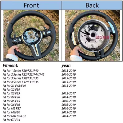 Genuine leather steering wheel suitable for BMW M5 M3 M2 M8 F10 F30 E90 E89 F12 F13 E92 (Steering wheel) - genuine-leather-with-silver-accents-silver-buttons-long-paddle-with-notches