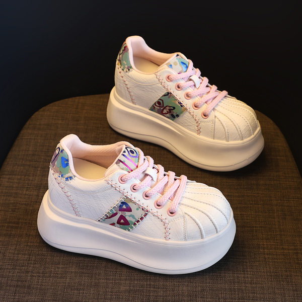 Giày sneaker nữ đế dày tăng chiều cao phong cách thể thao — Trắng hồng