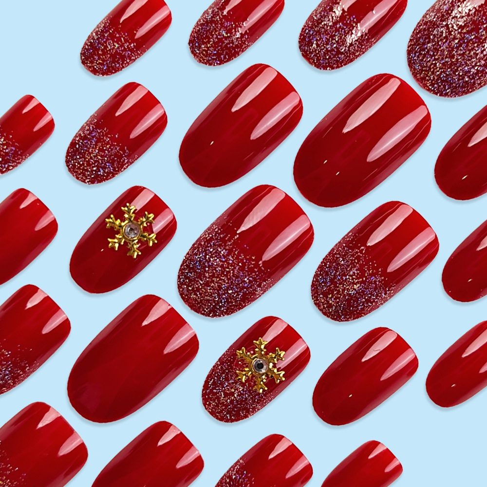 Diamante rojo festivo para usar uñas cortas de oro copo de nieve de uñas exquisitas únicas 24 piezas de parche de uñas falsas