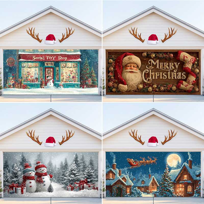 Christmas garage door decoration, Santa Claus and snow scene door cover, outdoor festive atmosphere backdrop, hanging decorative cloth