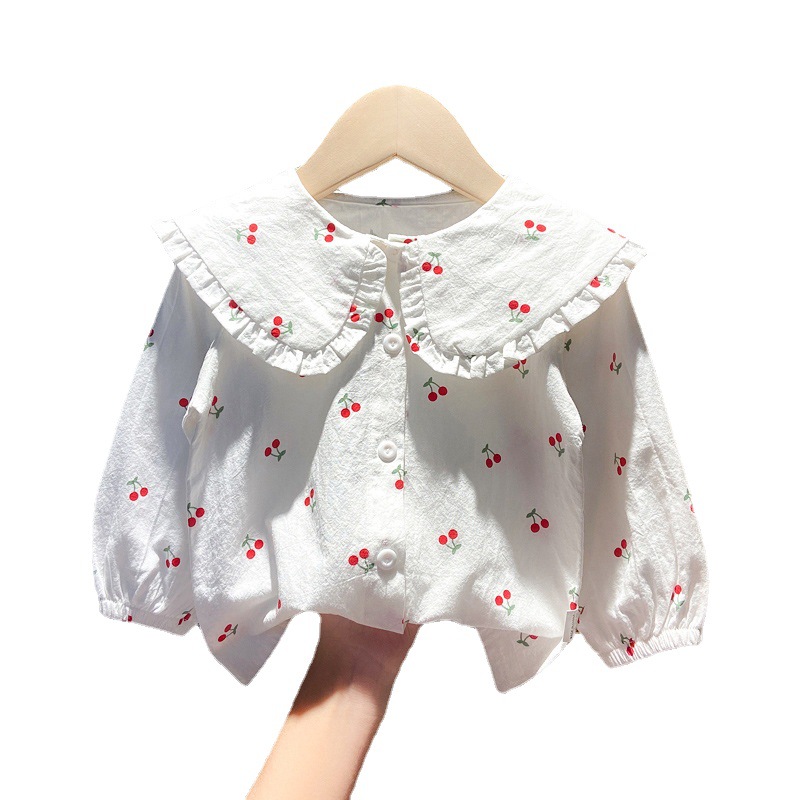 Ropa Infantil, Camisas para Niñas, Nueva Colección 2025, Camisas Elegantes con Estampado de Cerezas, Manga Larga, Cuello Camisero, Venta al Por Mayor de Fábrica