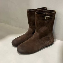 羊皮版~复古百搭内增高圆头西部牛仔靴女秋冬季瘦瘦靴短靴马丁靴