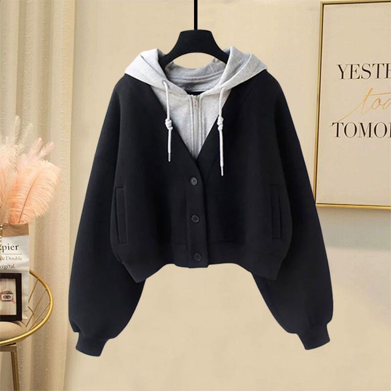 Korean-style Niche Hooded Fake Two-piece Sweater Women's Autumn and Winter New Stitching Design Sense Niche Cardigan Jacket