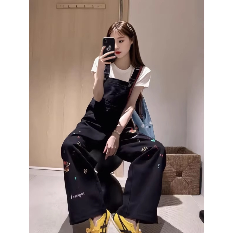 大码卡通刺绣背带裤女秋季设计感宽松显瘦休闲日系直筒阔腿牛仔裤|undefined