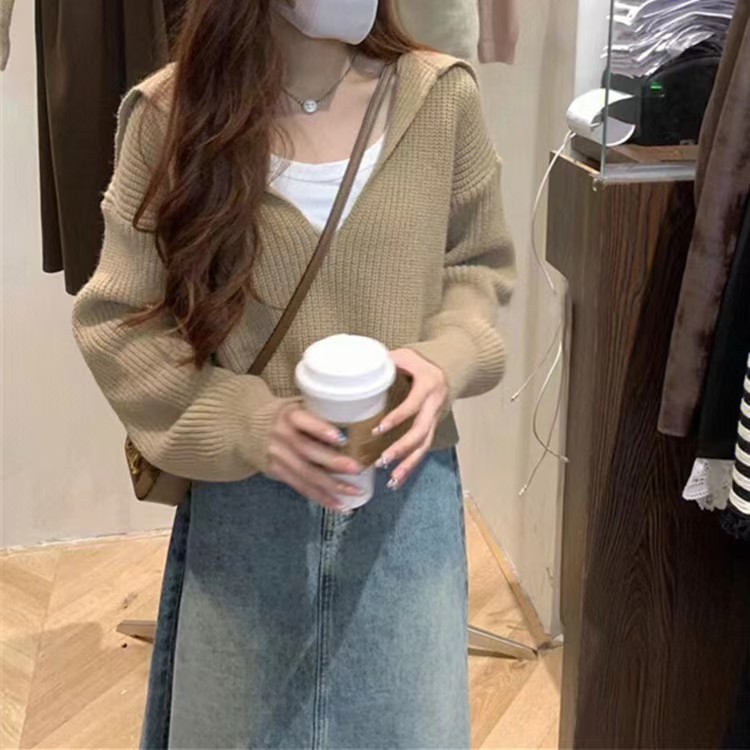 韩版纯色海军领毛上衣女韩系宽松慵懒风简约外穿套头短款针织套装|undefined
