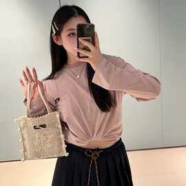 正确版本MU家条纹字母徽标口袋长袖T恤男女款慵懒氛围感圆领上衣