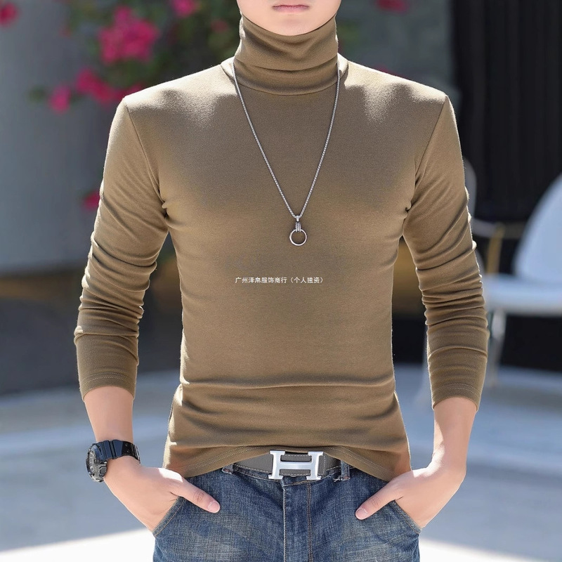 Pure Cotton High-Neck Base Shirt for Men, Autumn and Winter, Young Style, Slim Fit, Versatile Long-Sleeve T-Shirt, Thick Solid Color Top, Trendy