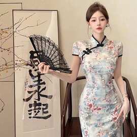 新款复古国风印花少女旗袍修身显瘦气质修身开叉性感包臀连衣裙