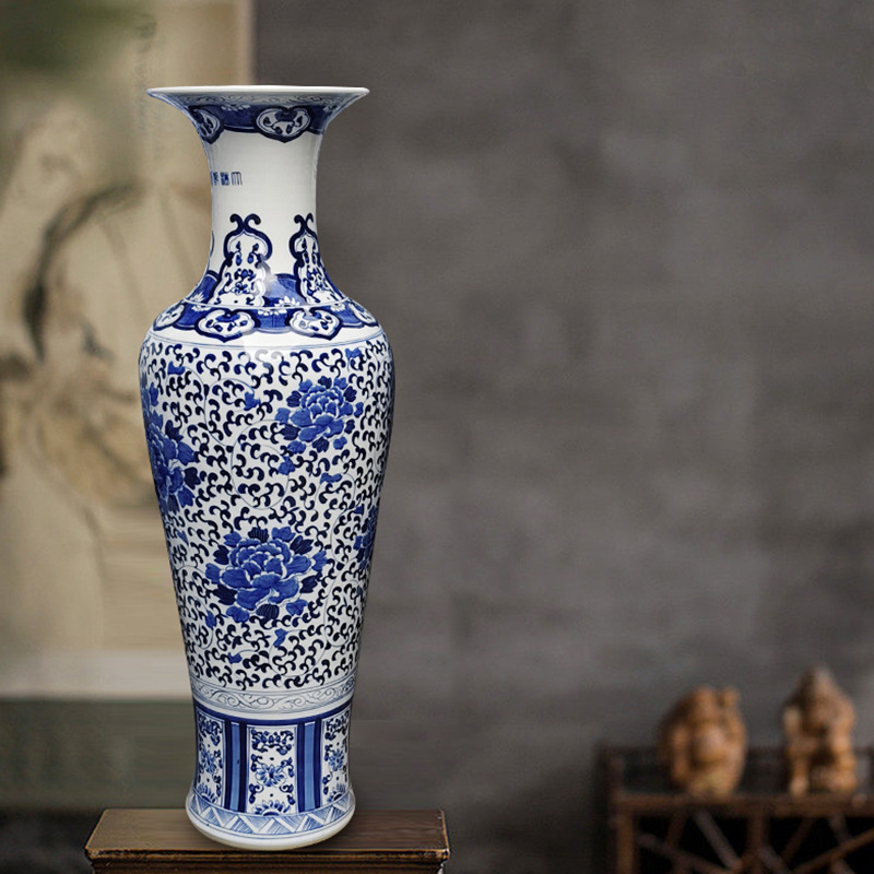 Decoración de cerámica vasos pintados a mano esmaltado porcelana azul colorido paisaje ramas de lotus aterrizaje gran vasos Guanyin vasos grandes ornamentos