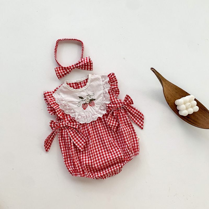 New Summer Clothing for Infants and Young Children, Red Plaid Thin Embroidered Lace Cotton Triangle Romper for Baby Girls with Headband