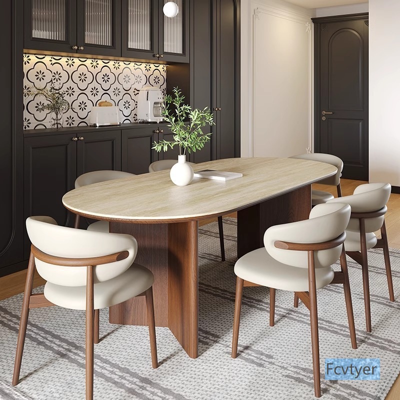 Changyuebang Dining Table and Chair Combination Antique Style Travertine Dining Table Home Oval Slate Simple High-End French Rice