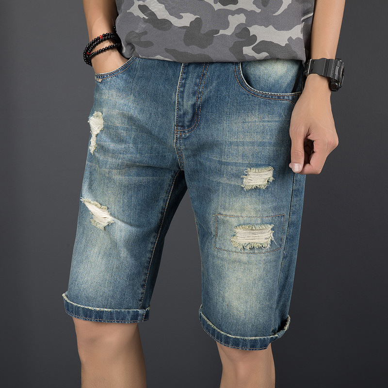 2021韩版中腰青年拉链五分裤潮口袋直筒裤蓝色夏季休闲裤男牛仔裤|ms