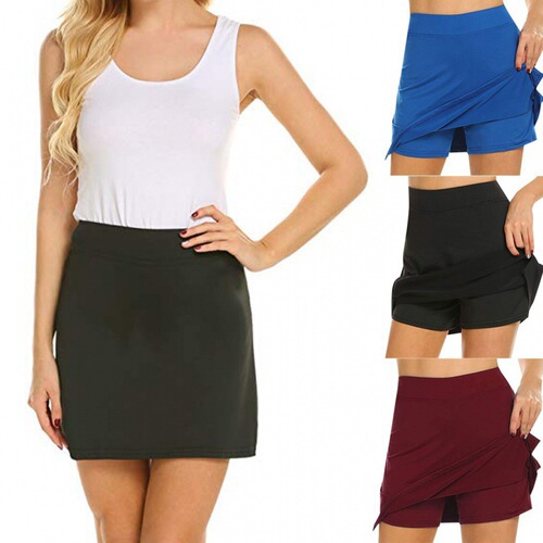 Cross-border spring/summer new European and American A-line short skirt, solid-color high-waisted skirt, casual sports pantskirt for women—foreign trade.