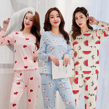 廠家外貿接單韓版牛奶絲長袖圓領可加工定制甜美印花睡衣女士套裝
