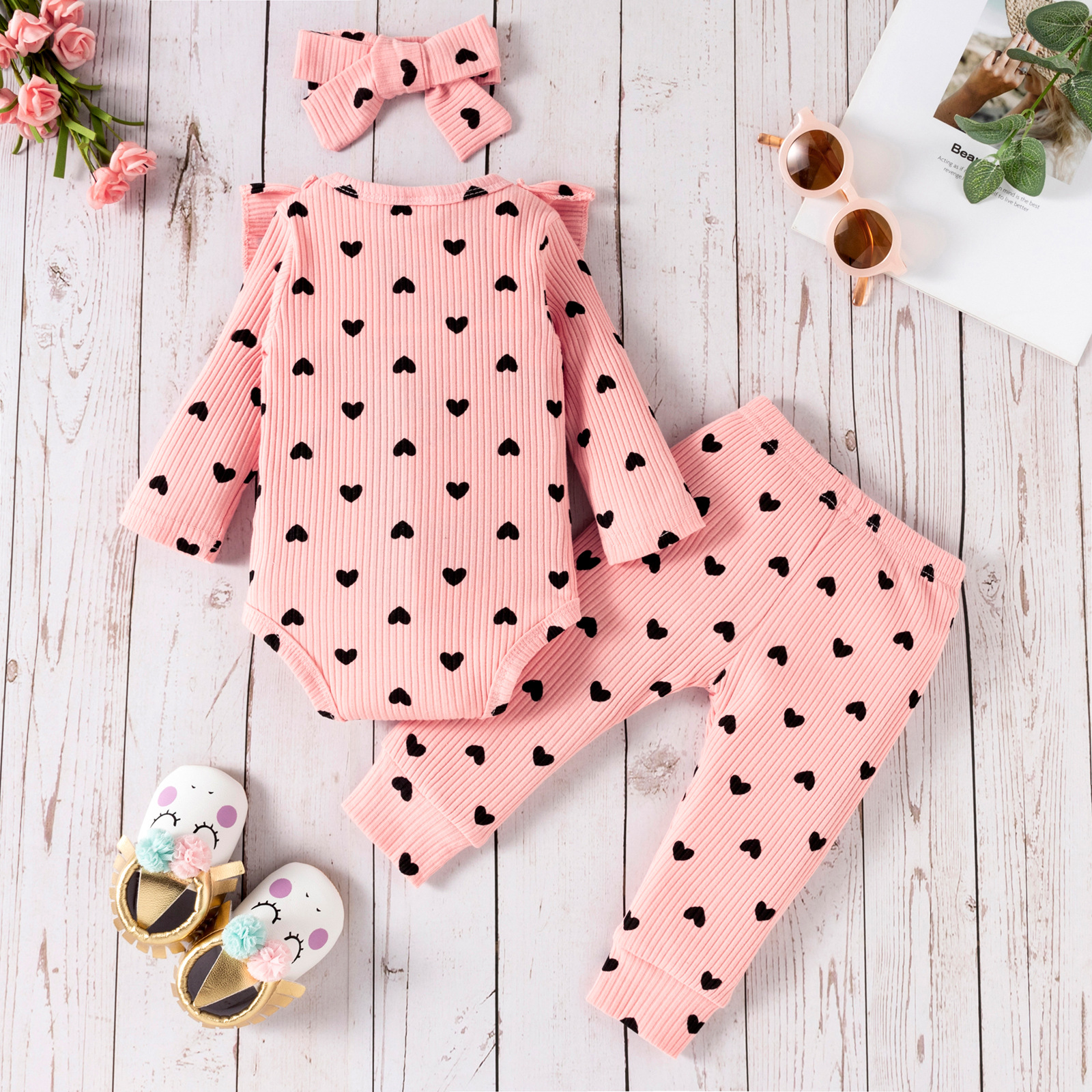 Fashion Solid Color Flower Button Baby Clothing Sets display picture 3