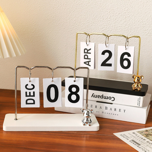 Creative and simple cute bear metal calendar ornament Living room entrance desk decoration page flip small desk calendar ornament