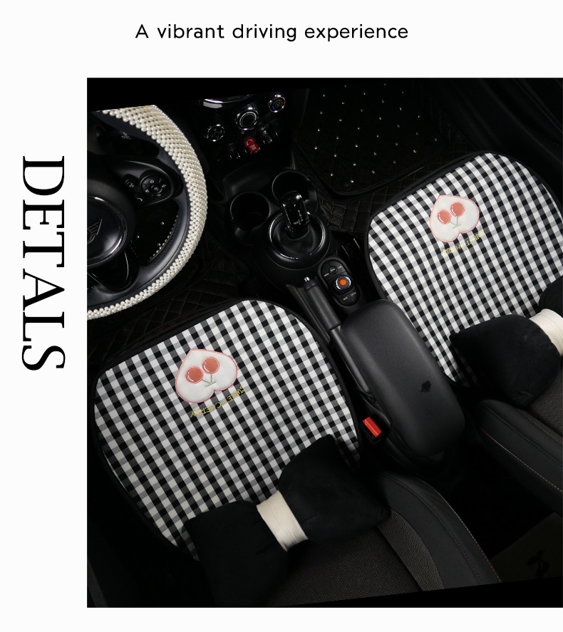 Plaid Cherry Car Cushion Four Seasons Universal Linen Single Piece Goddess Seat Cover Semi-enclosed Breathable Summer Day