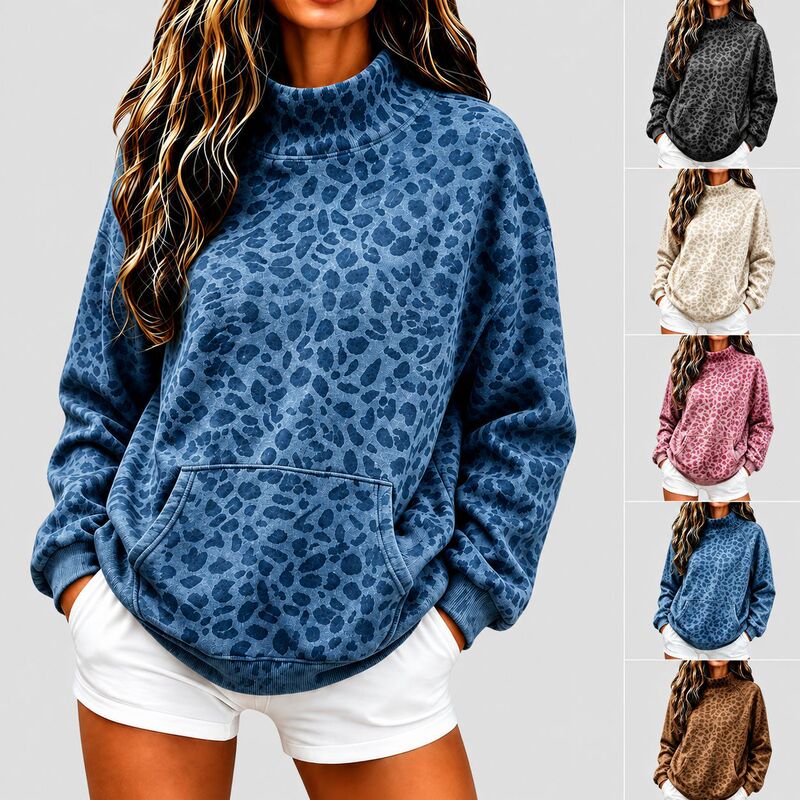 2026 European and American cross-border women's fashion new leopard print high-neck sweatshirt for women, autumn and winter loose casual long-sleeve vintage style
