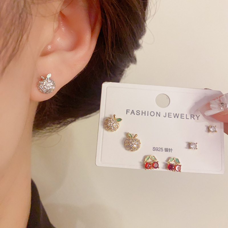 16g Weight 1 Set Cute Cherry Apple Copper Zircon Small Stud Earrings