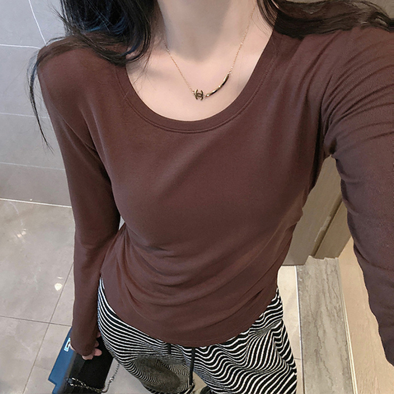 长袖t恤女2秋冬白色内搭打底衫修身正肩显瘦掐腰设计感圆领上衣女