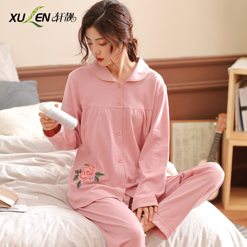 Pijamas de las mujeres primavera y otoño primavera manga larga 100% algodón Delgado homewear más tamaño suelto traje de mamá de mediana edad
