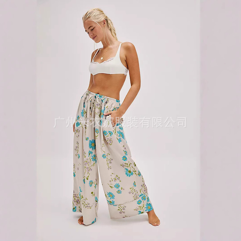 2024 New Arrival Women's Casual Wide Leg Pants Floral Print Beach Pants with Pockets