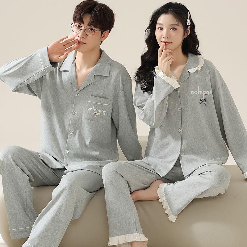 [100% algodón] Primavera nueva pareja Pijamas Mujer Otoño e Invierno cardigan pantalones de manga larga traje de hombre homewear