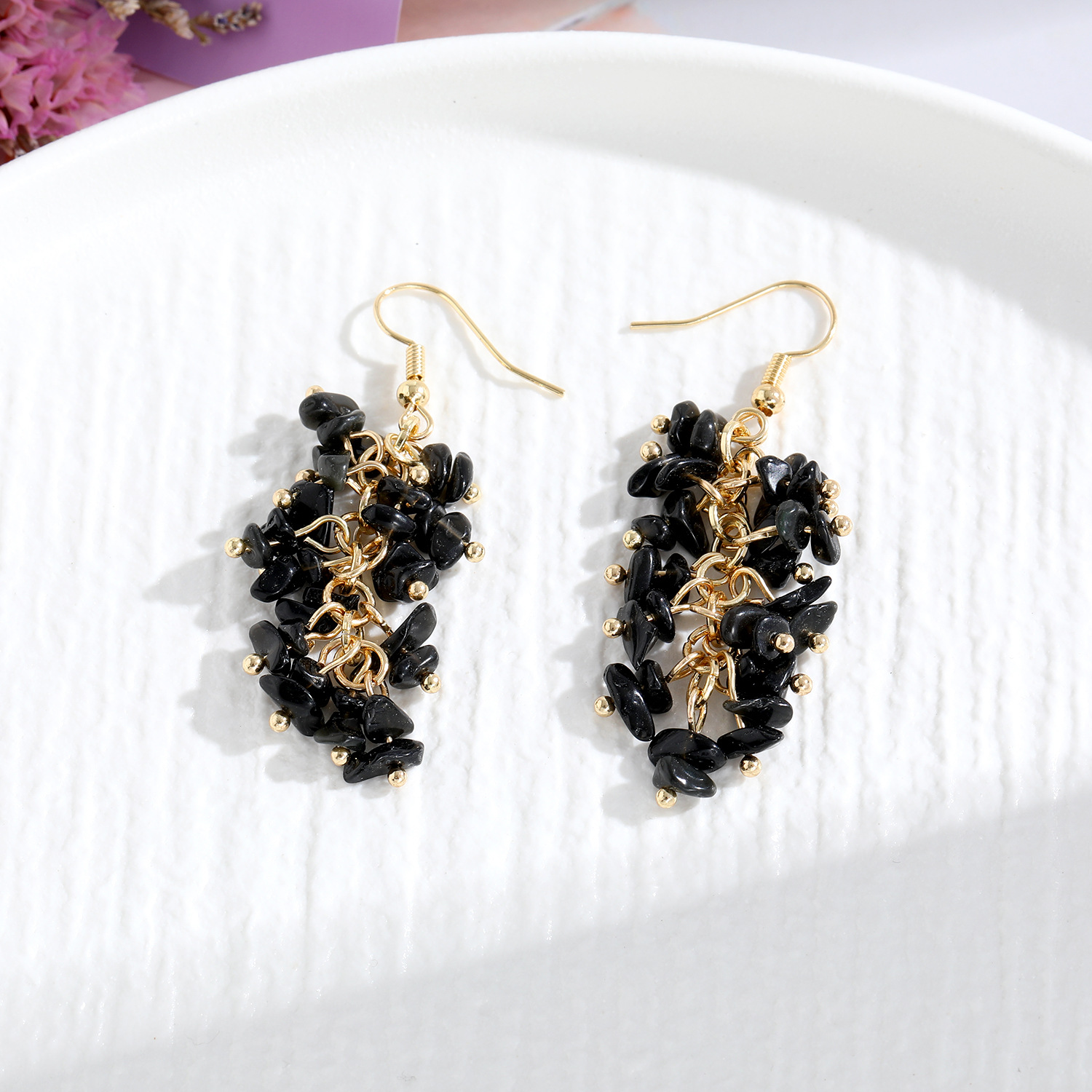 natural stone, Crystal Material 1 Pair Retro Printing Natural Stone Crystal Drop Earrings