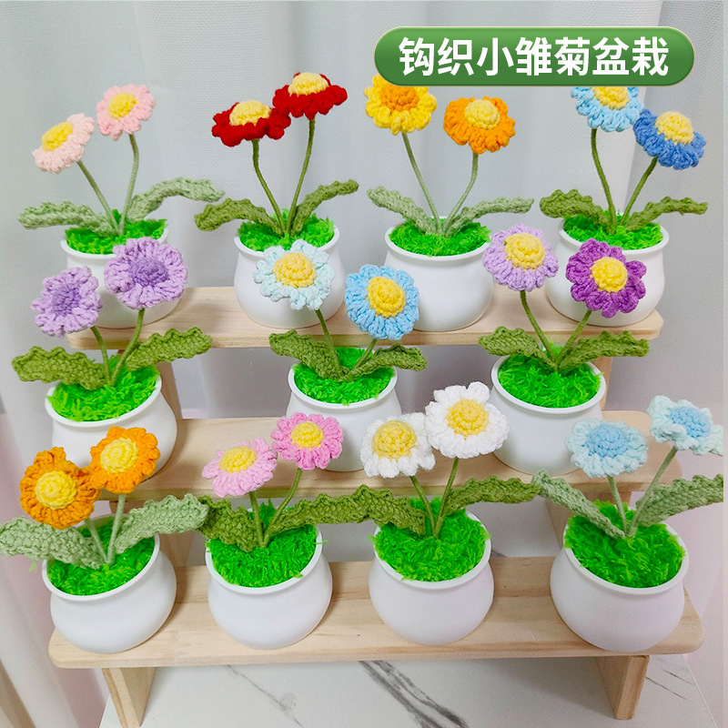 Finished hand-made hook woven daisy potted wool simulation flower Valentine's Day Tanabata to send girlfriends Teacher's Day gift