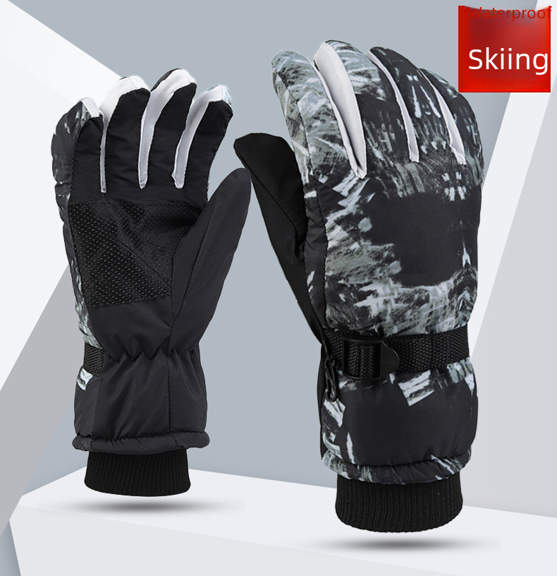 Winter Men's and Women's Cold-proof Fleece-lined Thickened Cotton Waterproof Non-slip Warm Riding Outdoor White Graffiti Ski Gloves_maomaolike.com