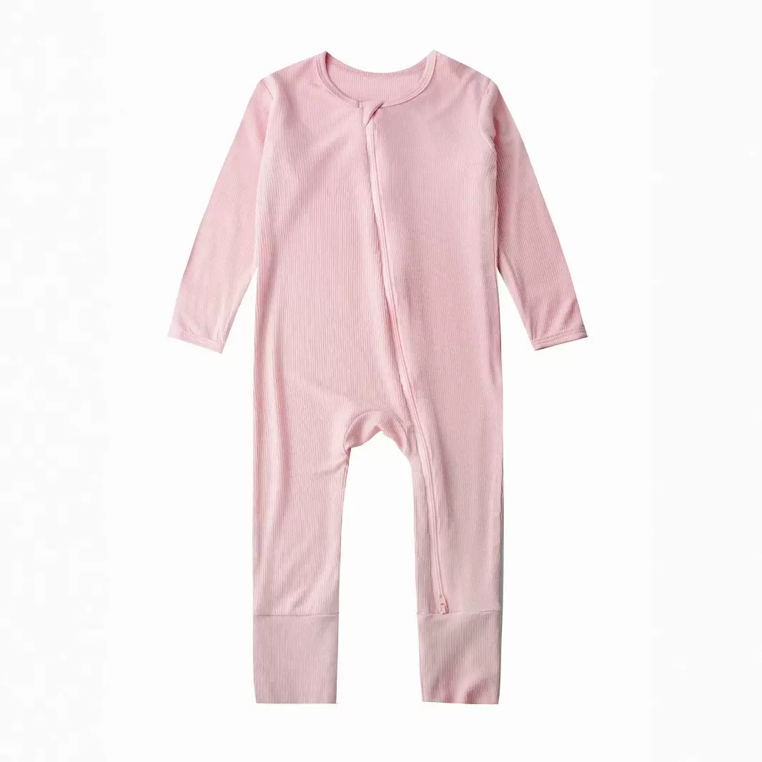 竹纤维螺纹儿童拉链长爬服夏季婴幼儿哈衣连体衣纯色婴儿衣服透气