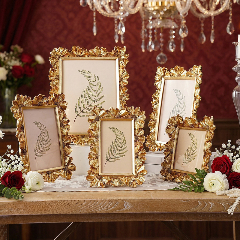 French Decorative Photo Frame, European-Style Retro Golden Daisy Living Room Decoration Hanging Ornament, Resin Material, Suitable for Horizontal and Vertical Use