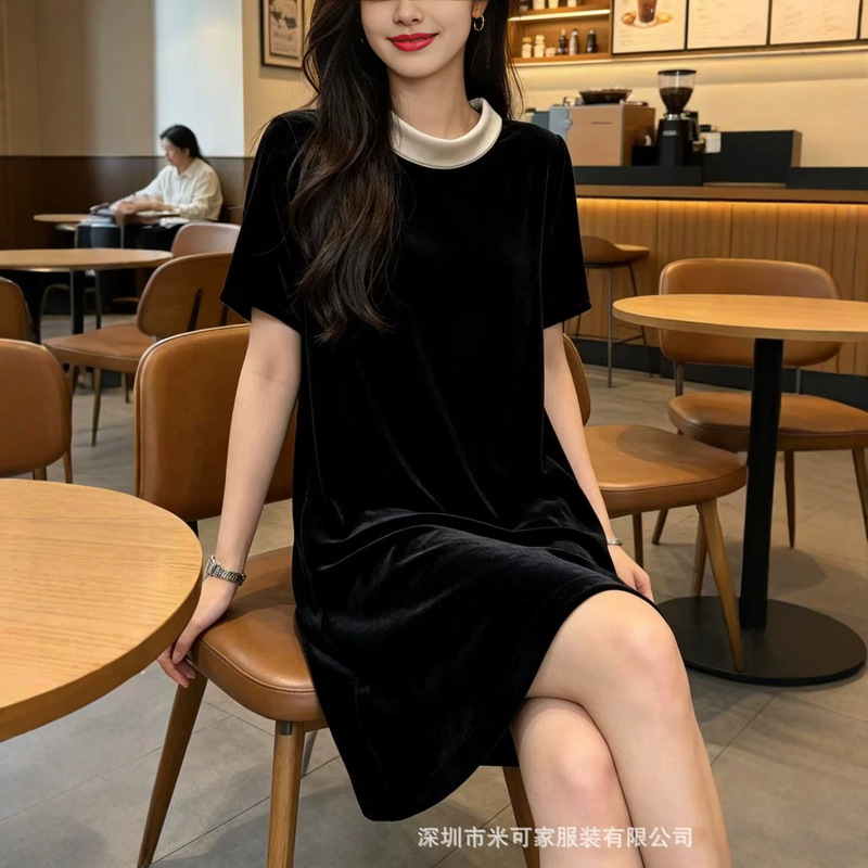 2026 Summer New Style Color-Blocked Round-Neck Loose-Fitting Slimming Elegant Mid-Length Silk Velvet Dress Little Black Dress