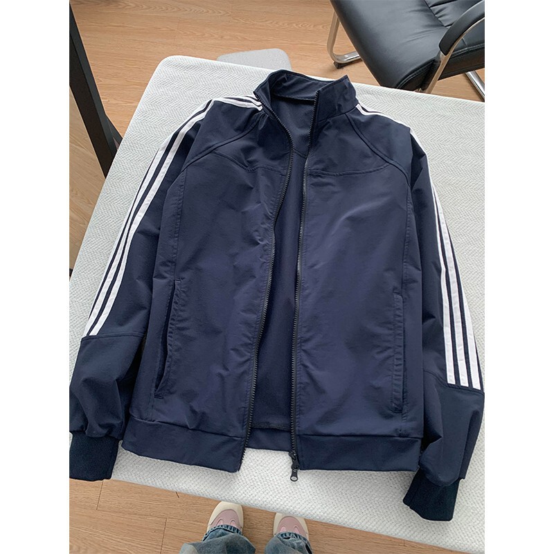 Navy Blue Three-Stripe Sports Jacket for Women, Autumn High-End American Cleanfit Striped Short Stand Collar Jacket