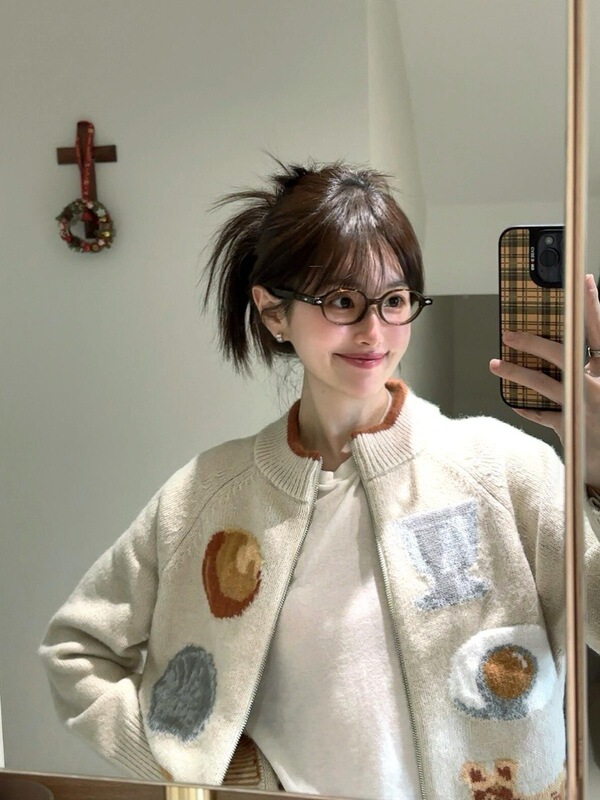 学院风针织开衫女秋冬miu系毛衣外套韩系拉链提花宽松慵懒风上衣|undefined