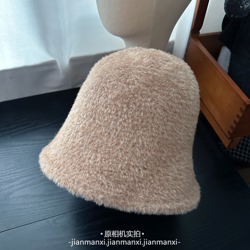 韩系纯色毛绒素颜渔夫帽子女秋冬氛围感百搭盆帽大头围保暖水桶帽|undefined