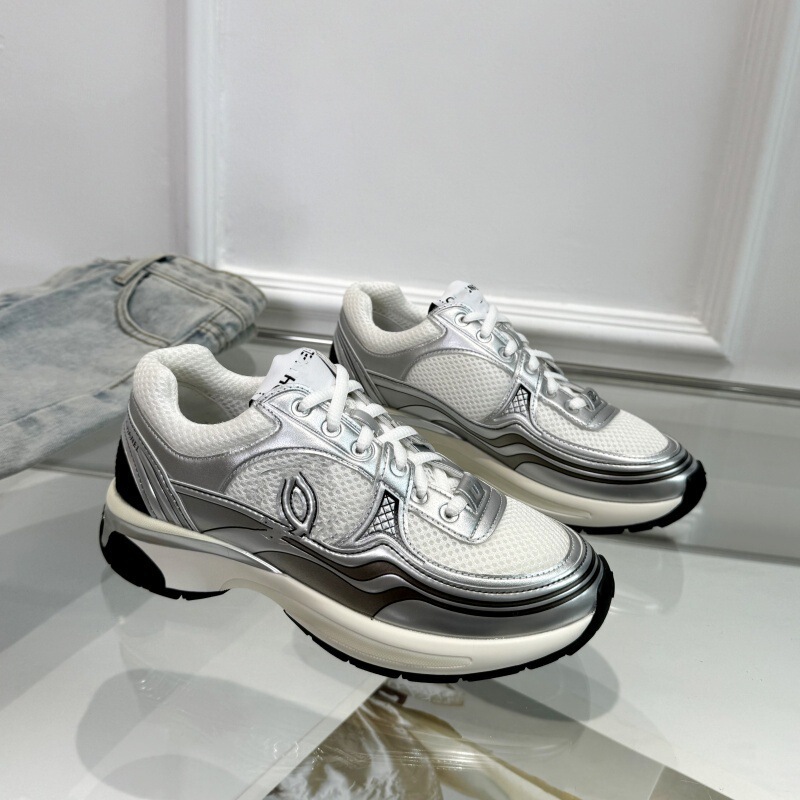 Trendy 24C Chanel-Style Silver Horn Sneakers for Women, Double C College Casual Thick-Soled Height-Increasing Dad Shoes