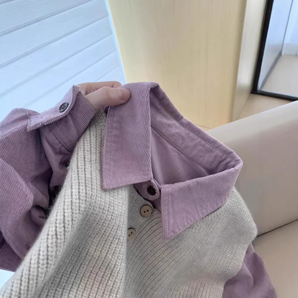温柔风韩系紫色灯芯绒长袖衬衫女上衣2025新款早春秋叠穿内搭衬衣