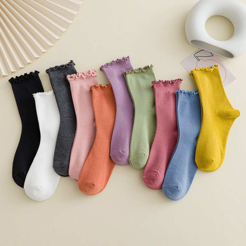 Wood-ear Women's Socks Women's Mid-length Stockings Japanese Style Stacks Solid Color Women's Korean Style Cute Lace Women's Socks Cotton Socks