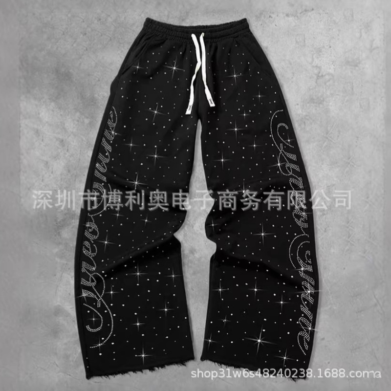 Loose-Fitting Rhinestone Star-Patterned Sweatpants with Letter Decoration, Street Fashion Casual Pants for Men and Women, Trendy Straight-Leg Pants Wholesale
