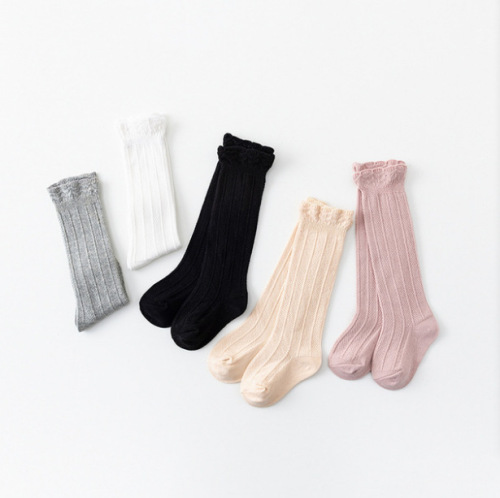 Summer and Autumn Baby Knee-High Socks, Cotton Women Baby Socks, Vertical Striped Double-Knitted Children's Socks, Amazon Ruffled Knee-High Socks