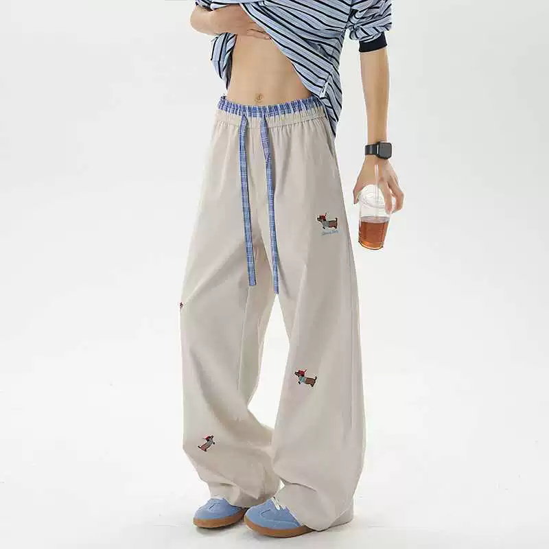 Абрикосовый щенок мультяшный вышивка резиновые брюки мужские высокие талии тонкая, широкие ноги hiphop прямые брюки