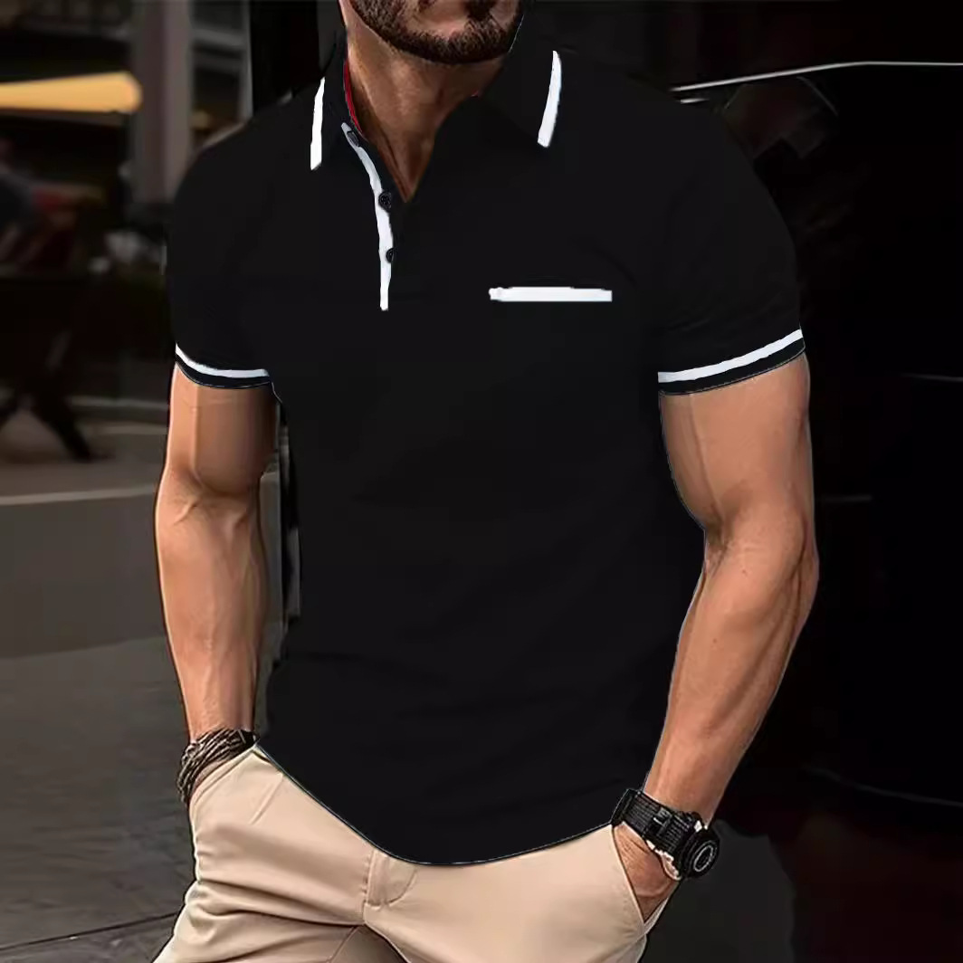 Polo Monochrome Man - Patchwork de poche pour le commerce extérieur, style européen et américain, col rabattu, décontracté au quotidien._voghion.com