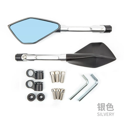 reverse mirror, Motorcycle rearview mirror - cnc-modified-pentagonal-mirror-long-pole-silver